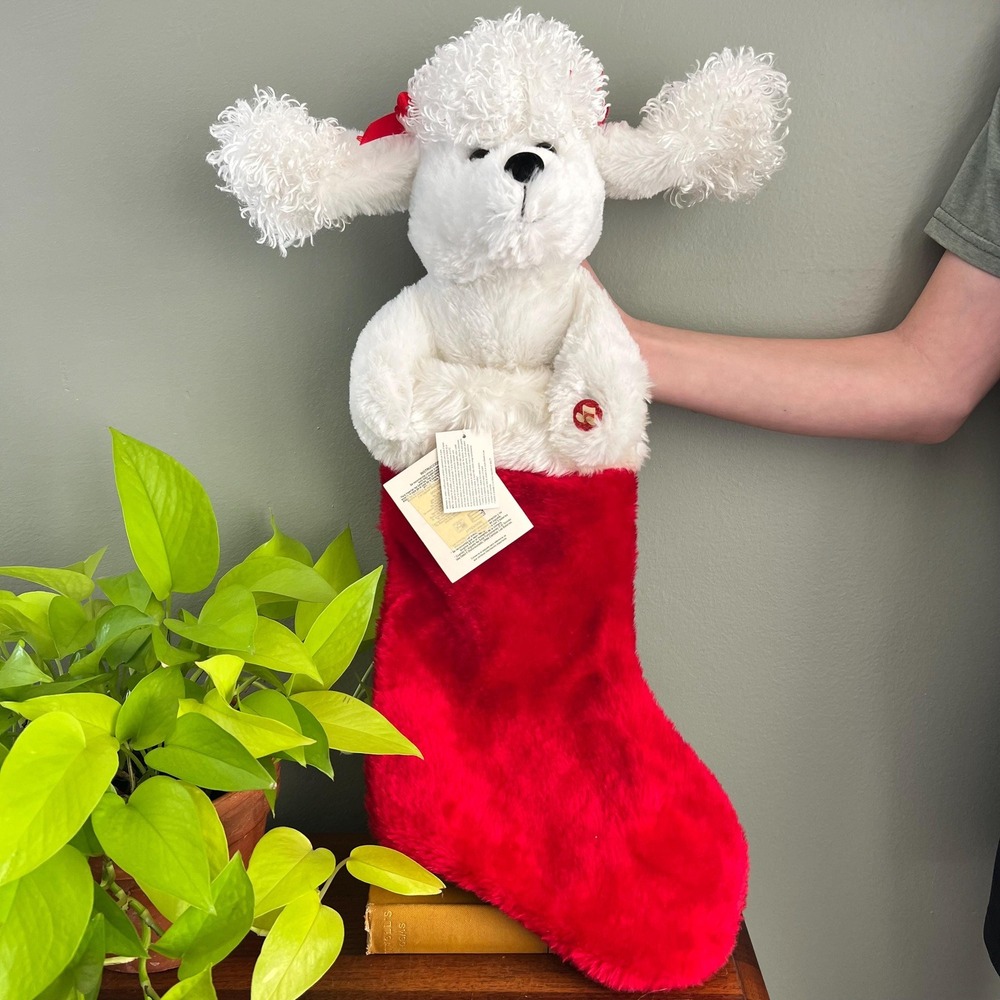 Dan Dee White  Poodle Dog Singing Christmas Stocking Ears Animated Musical Bells